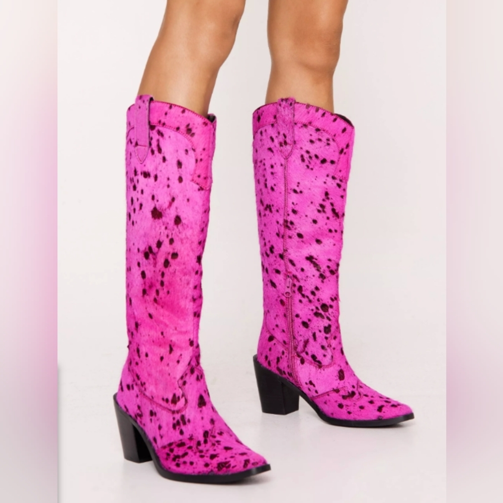 Nasty Gal Hair On Knee High Cerise Pony Skin Fuschia Cowboy Boots NWOT Size 8 - Picture 2 of 10